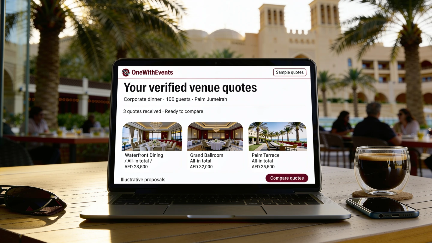 Illustration of a laptop in a Dubai café displaying sample venue quotes, not actual venue offers.